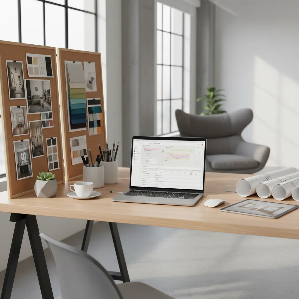 interior designer planning project with laptop mood boards and material samples on desk