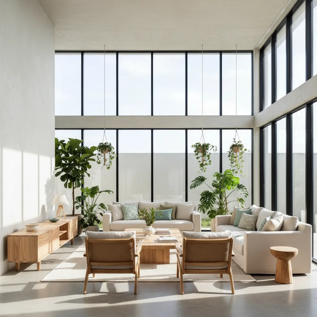 Bright living room with tall windows cream sofas wooden coffee table and many indoor plants