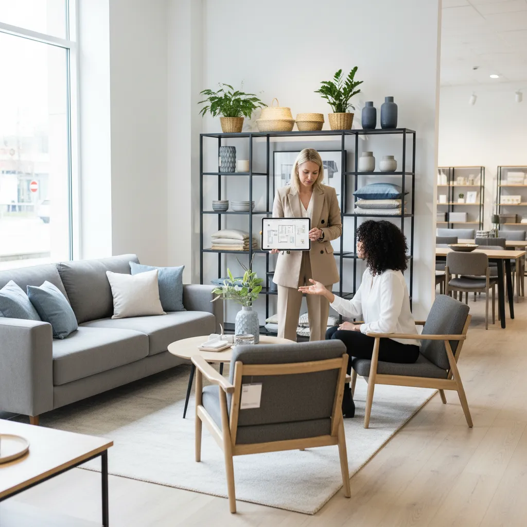 Diseñador planificando un salón en una tienda de muebles