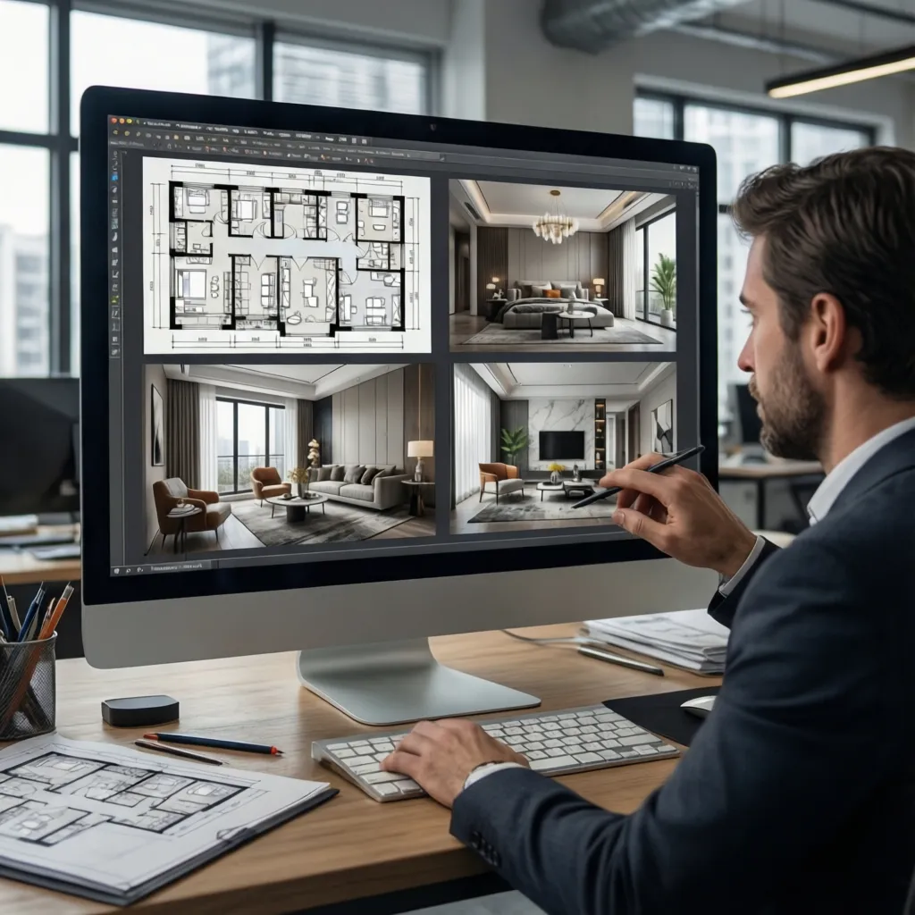 Diseñador revisando diferentes distribuciones de un salón en pantalla