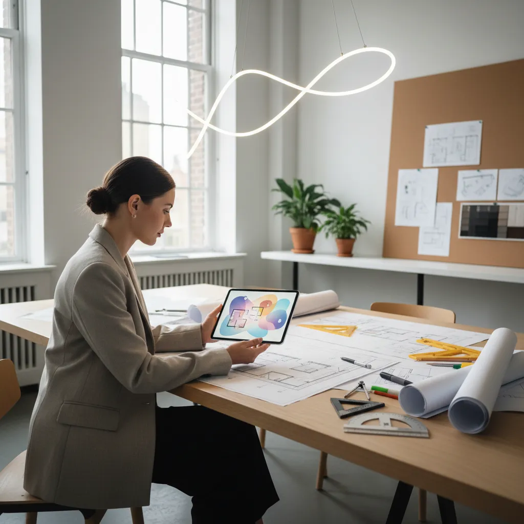Female designer sitting at desk holding tablet showing colorful room layout with paper floor plan