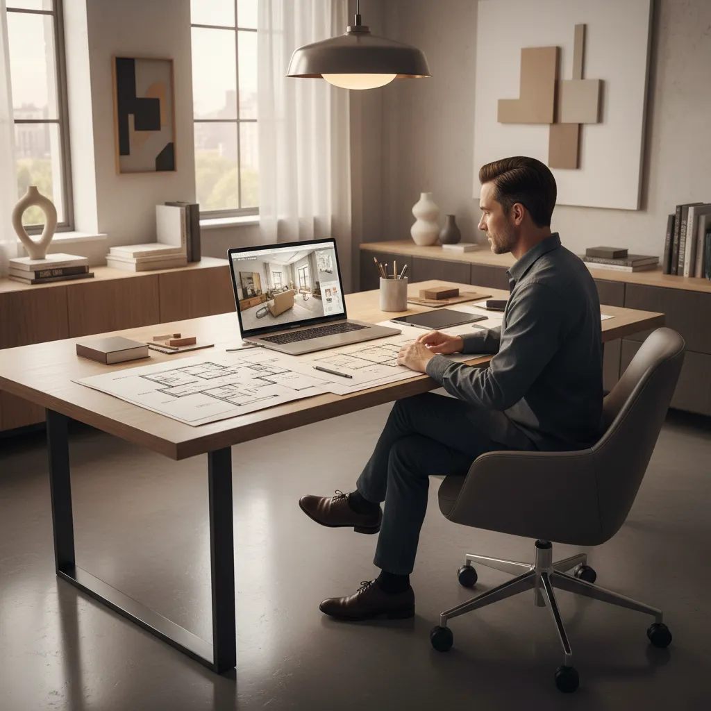 Interior designer reviewing AI generated remodeling plans on laptop with sketches