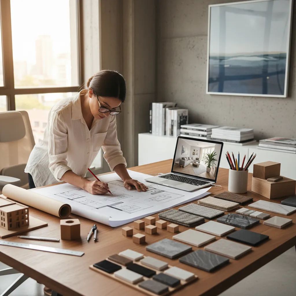 Diseñador de interiores analizando planos de reforma en una mesa de trabajo