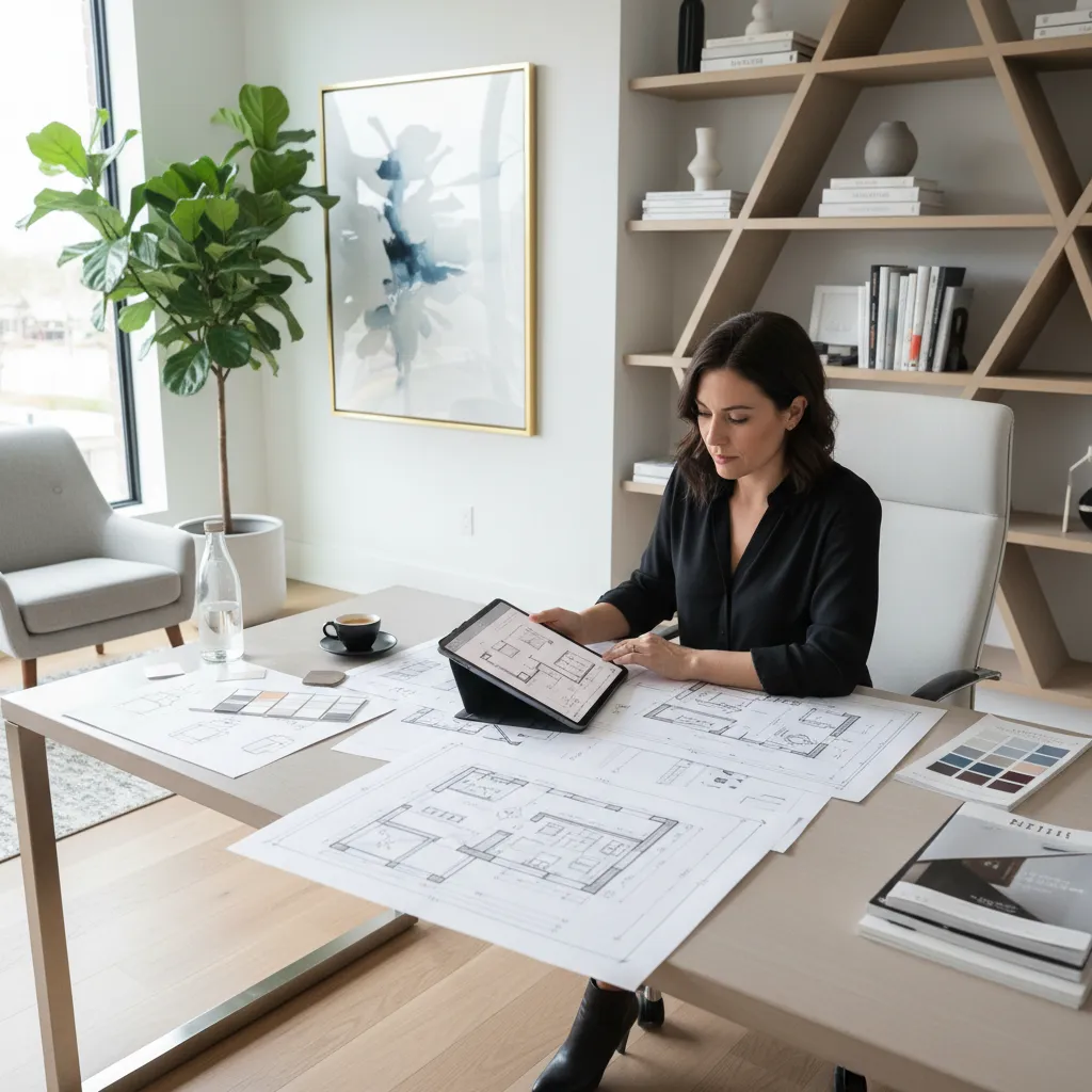 Interior designer reviewing digital floor plan on tablet in modern studio