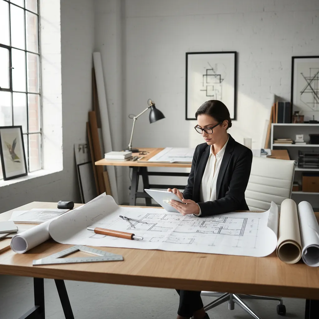 Interior designer reviewing a floor plan layout on tablet with blueprint on desk