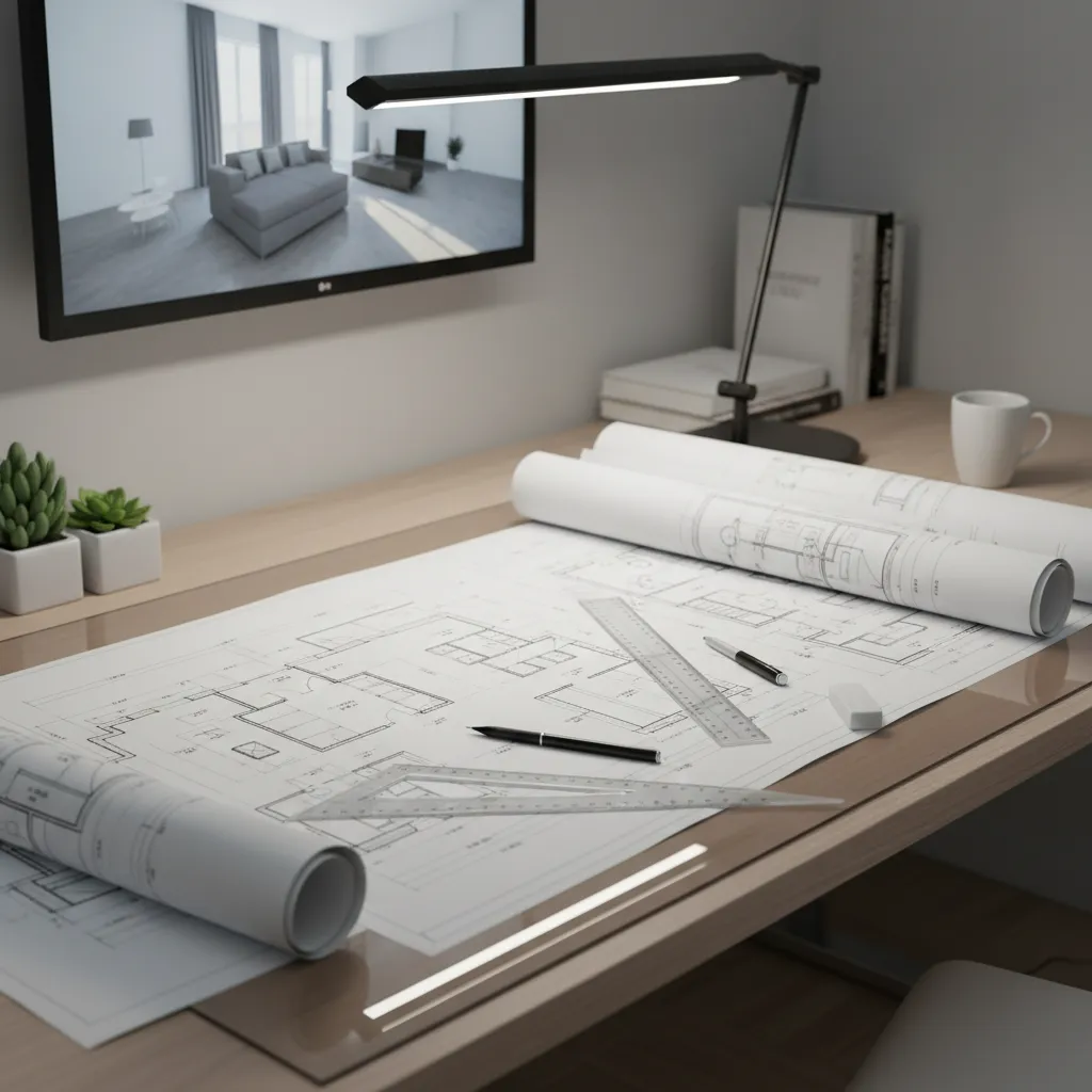 Interior designer reviewing a printed 2D floor plan layout on desk