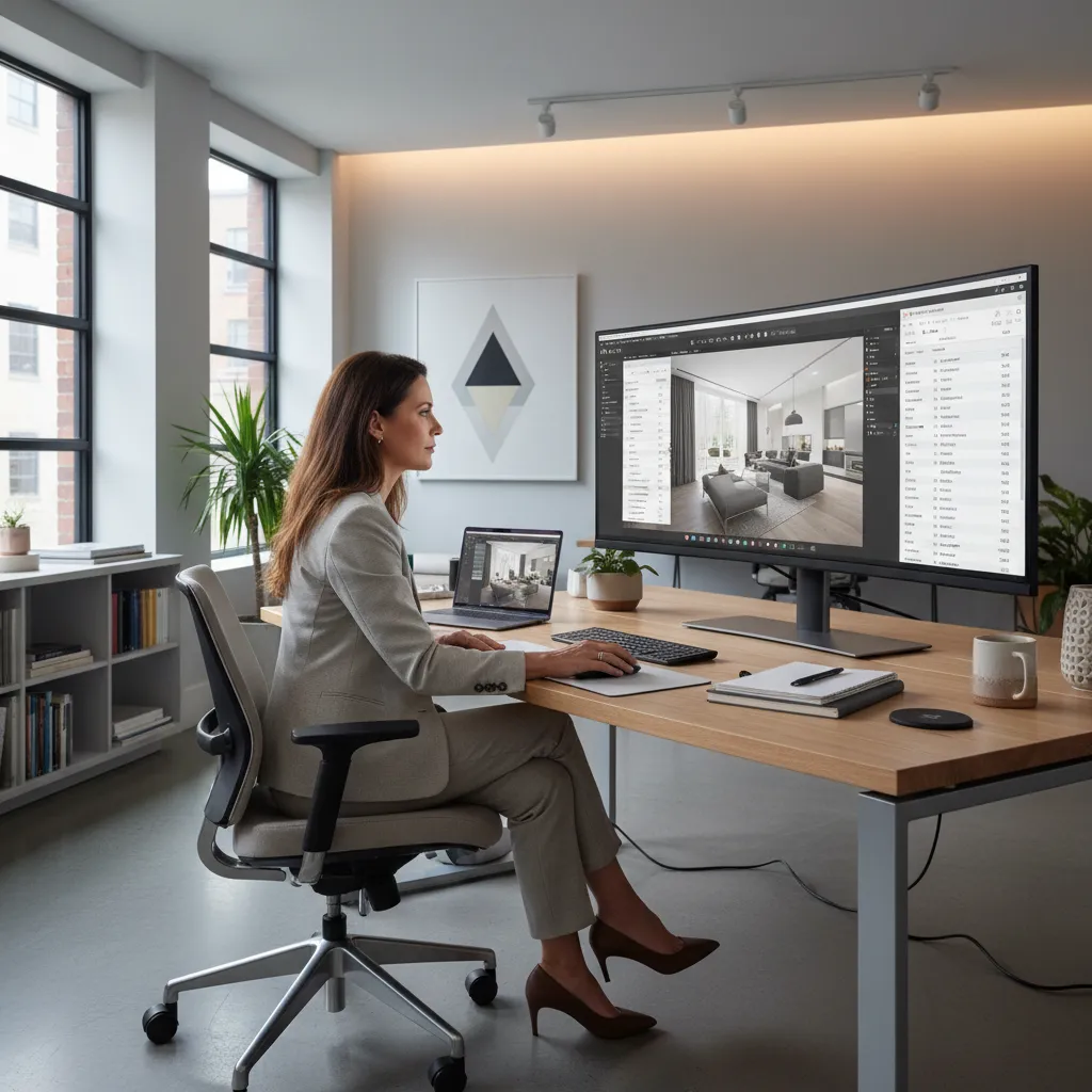 interior designer reviewing digital material list report on computer