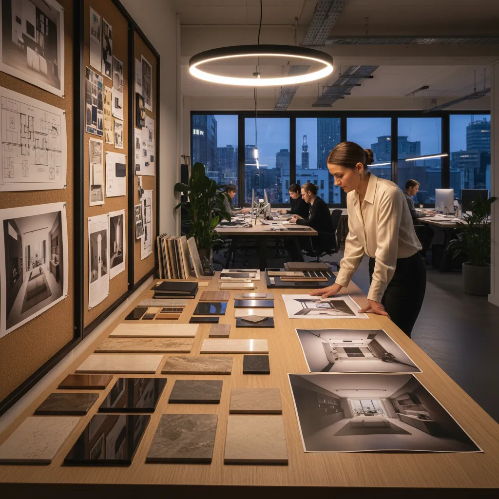 Female designer reviewing project interior design drawings and material samples on wooden table in office