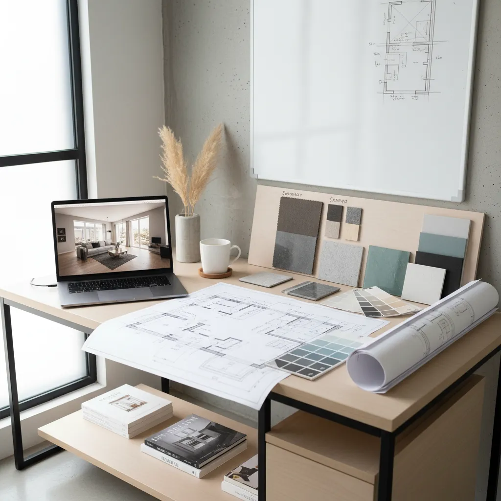 Espacio de trabajo de un decorador con planos, portátil y muestras de materiales