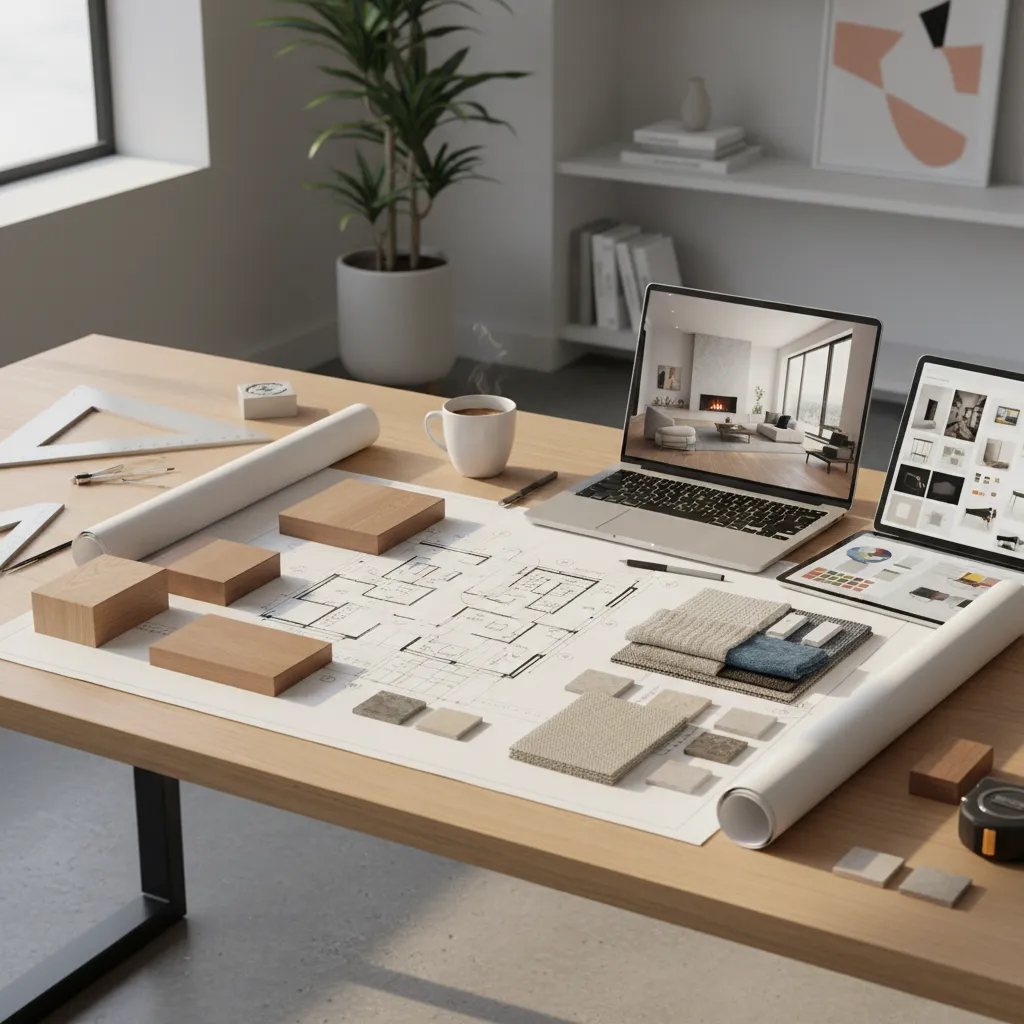 Wooden desk with room layout paper, fabric samples, coffee mug, and laptop showing living room