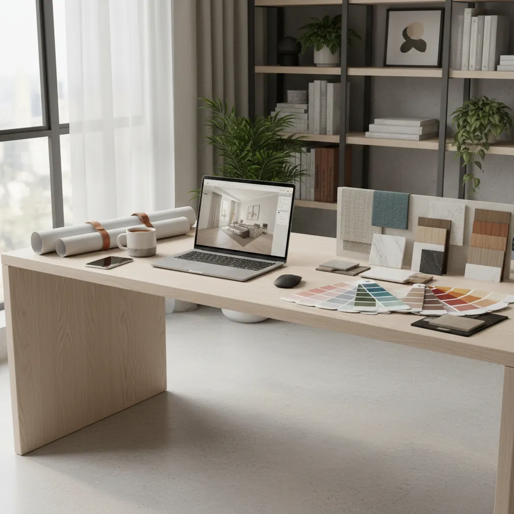 Mesa de trabajo de diseñadora de interiores con muestras de materiales y planos