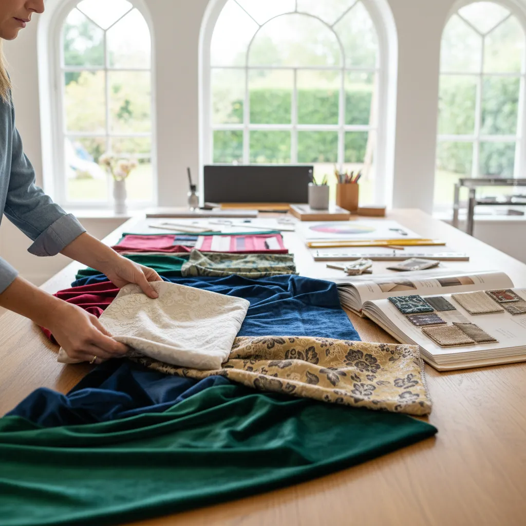 Diseñador de interiores revisando muestras de telas decorativas