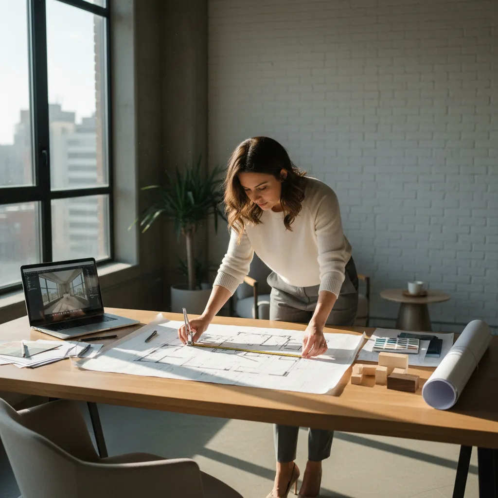 Interior designer measuring a paper room layout on a wooden desk with laptop and sunlight