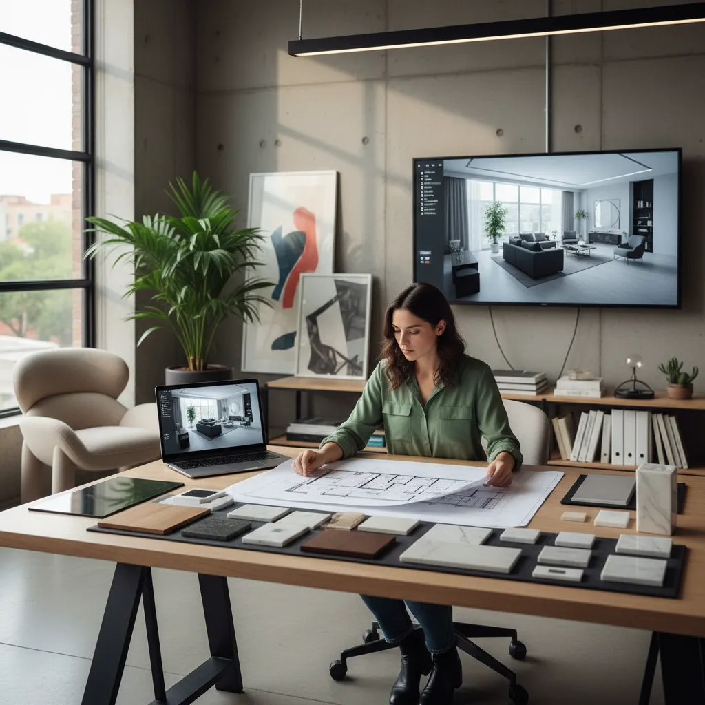 Diseñador de interiores planificando la distribución de un salón