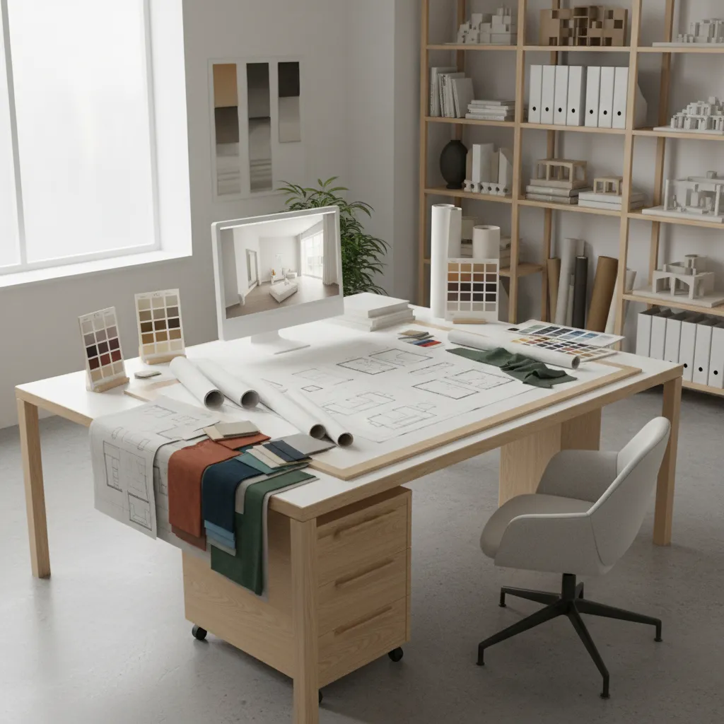 Designer desk with computer showing room design floor plan drawings fabric samples and wooden bookshelf
