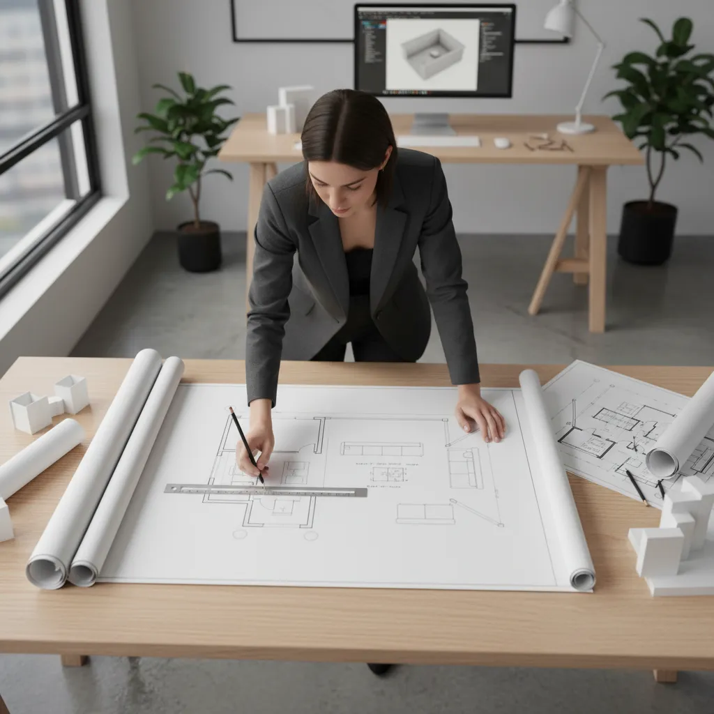 interior designer analyzing furniture layout plan for residential space