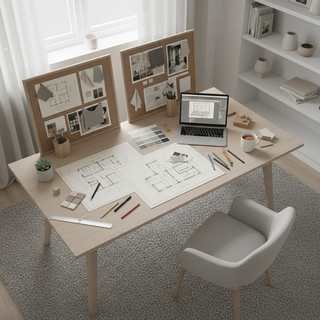 Interior designer reviewing sketches and mood boards while planning a freelance project