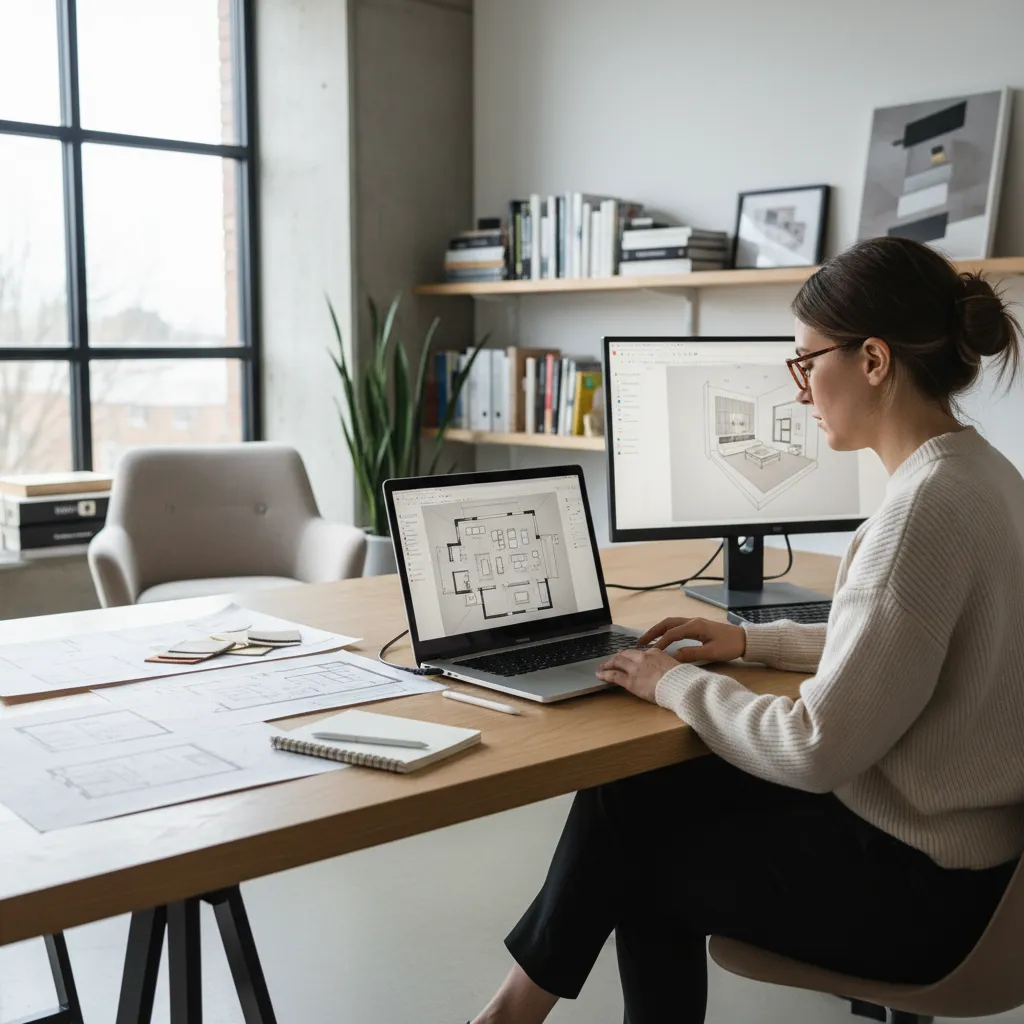 Interior designer reviewing digital floor plan layout on computer during design process