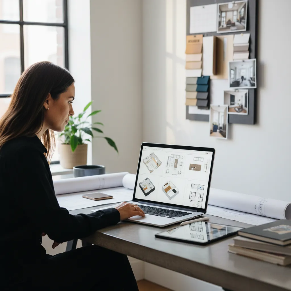 interior designer testing multiple floor plan layouts on computer