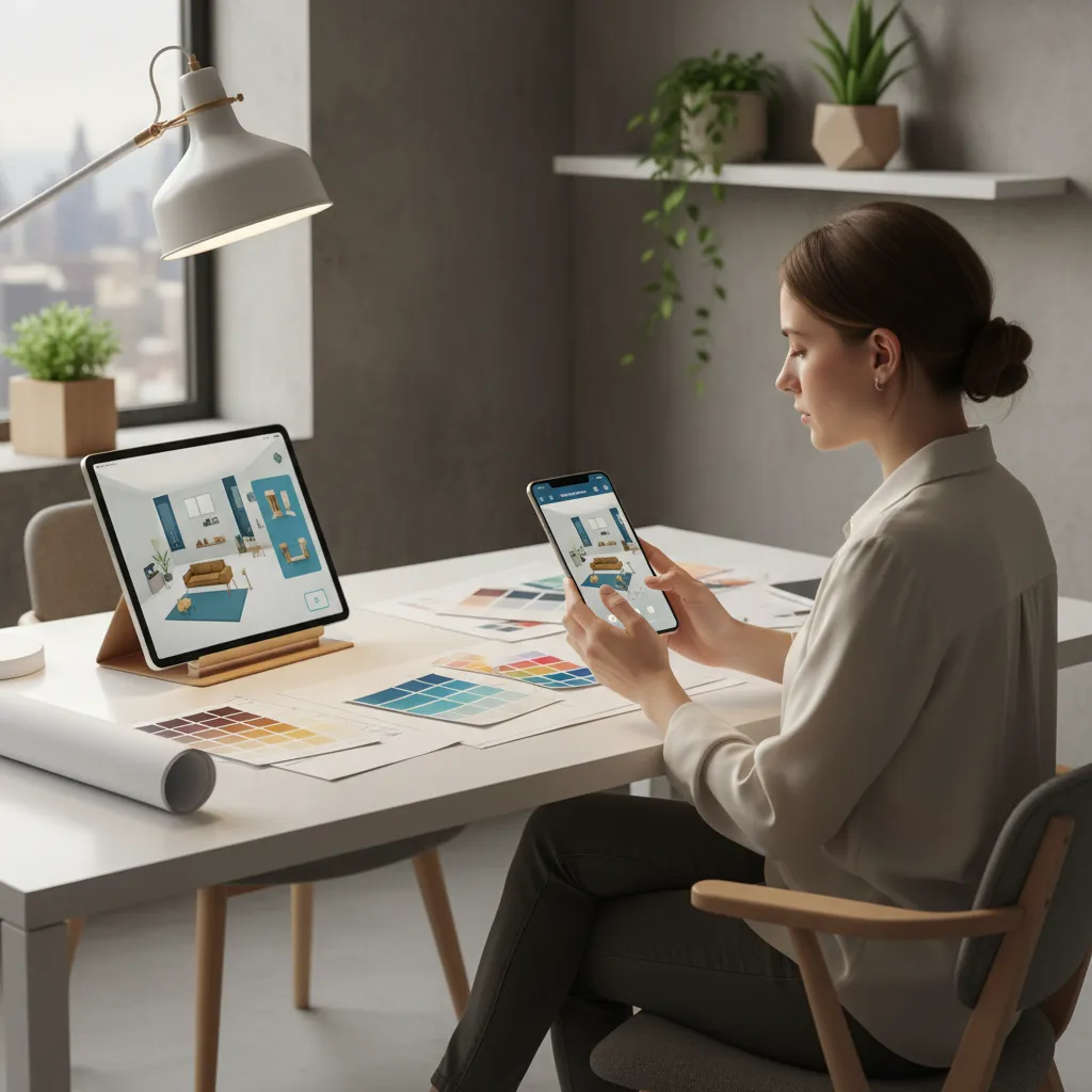 Diseñador de interiores probando diferentes layouts en una app móvil