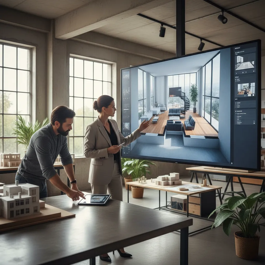 Interior designer analyzing a digital 3D floor plan layout on a large screen