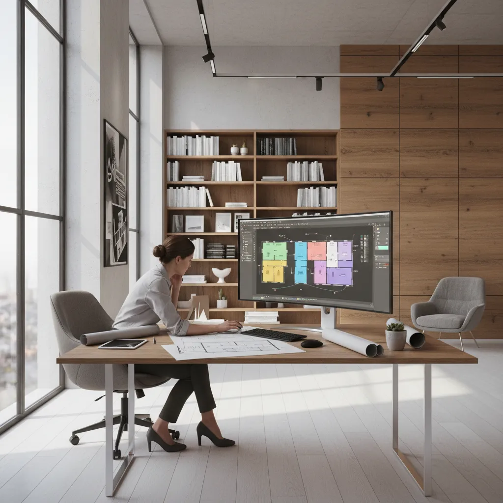 Interior designer reviewing multiple digital floor plan layout options