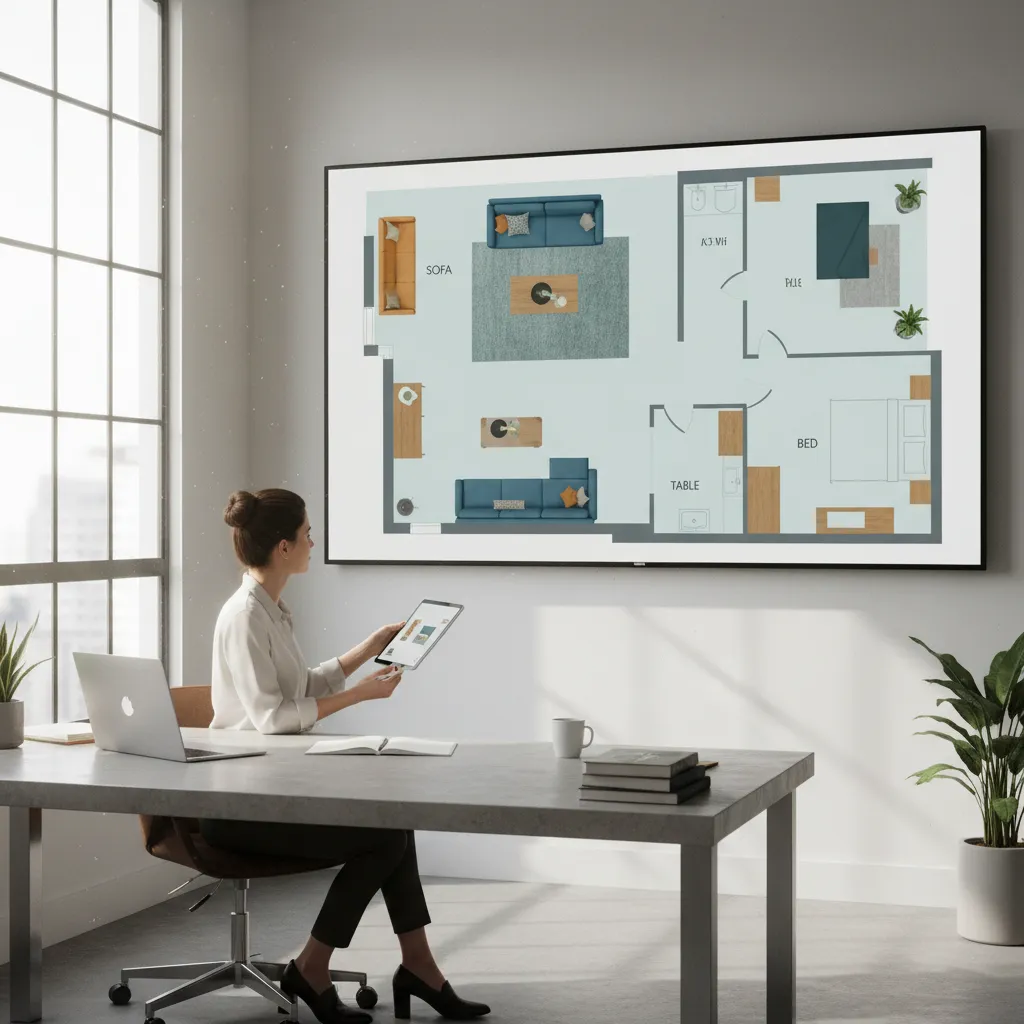 Interior designer experimenting with furniture layout on a digital 2D room planner interface