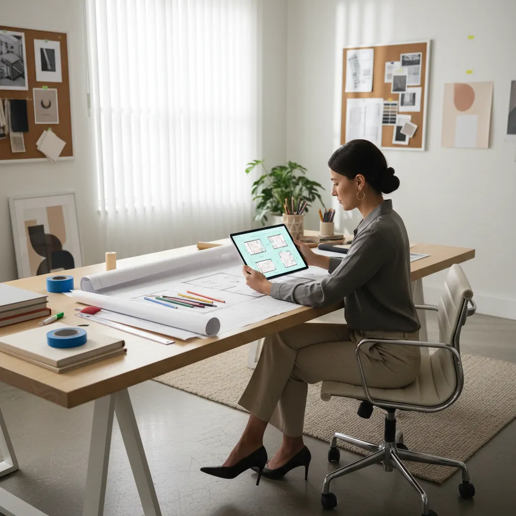 Interior designer comparing different room layout plans on a tablet