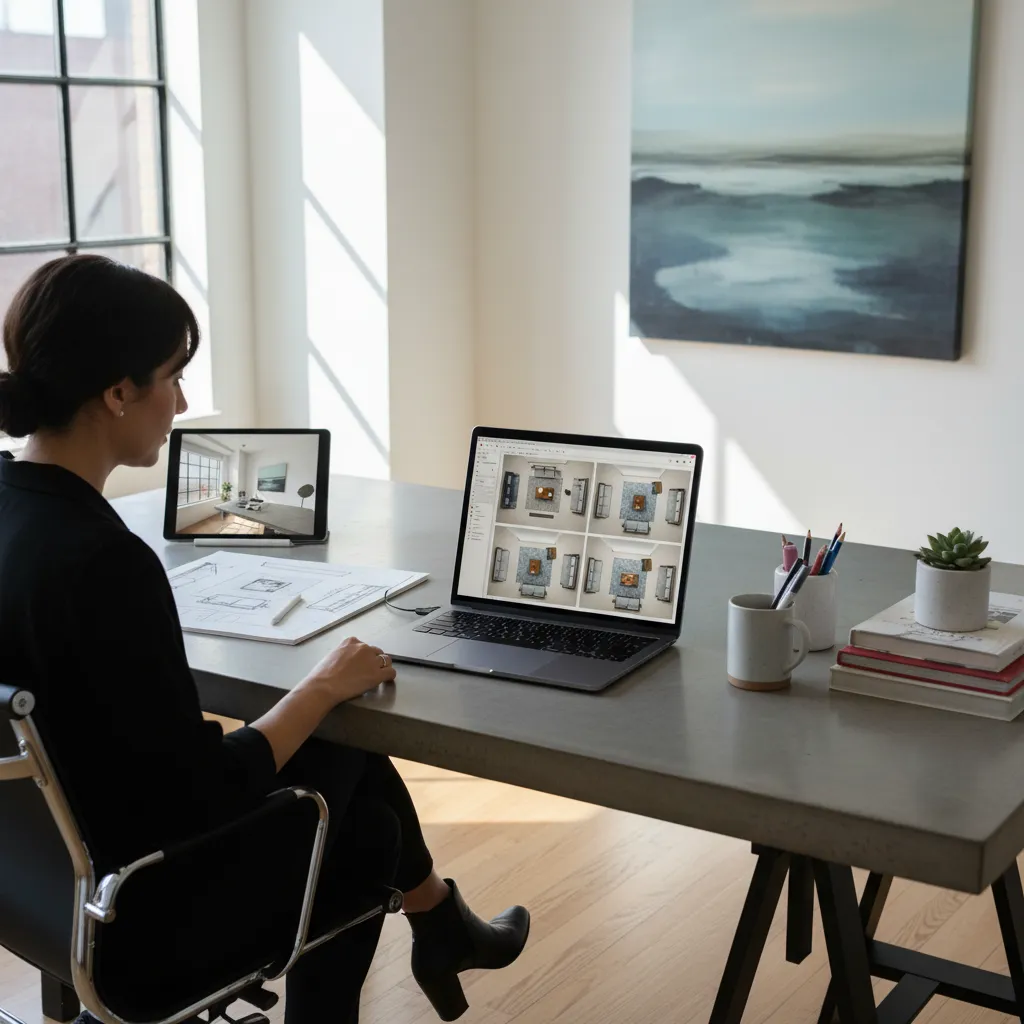 interior designer testing multiple furniture layouts on digital floor plan software