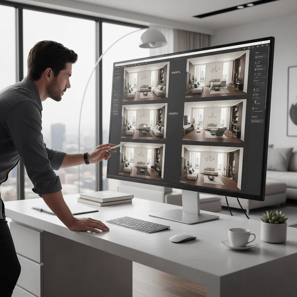Interior designer testing different furniture layouts on digital floor planner software