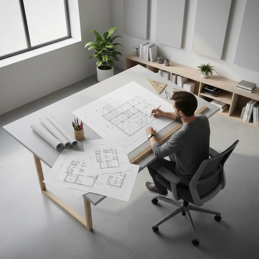 interior designer planning a 2D tile floor layout on a large architectural drawing