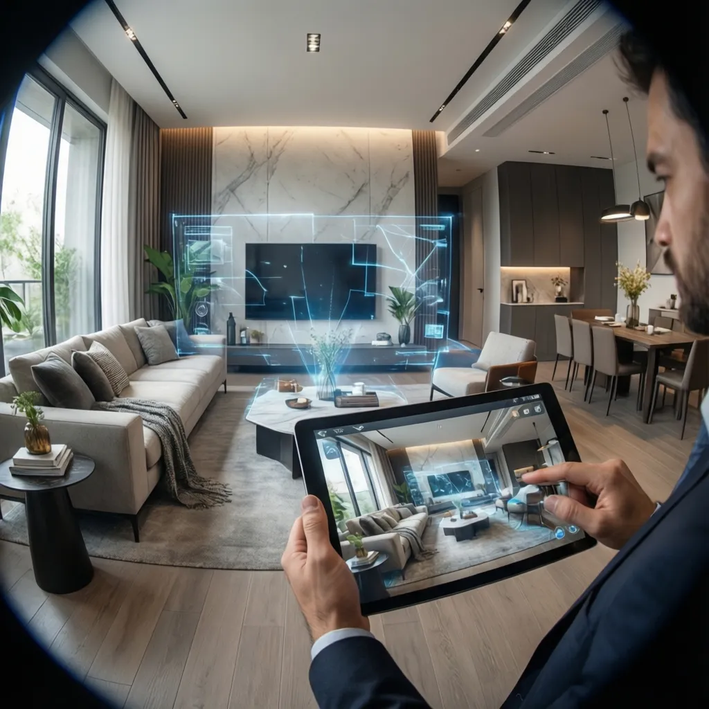 Interior designer using a tablet to view an interior design drawing of a living room