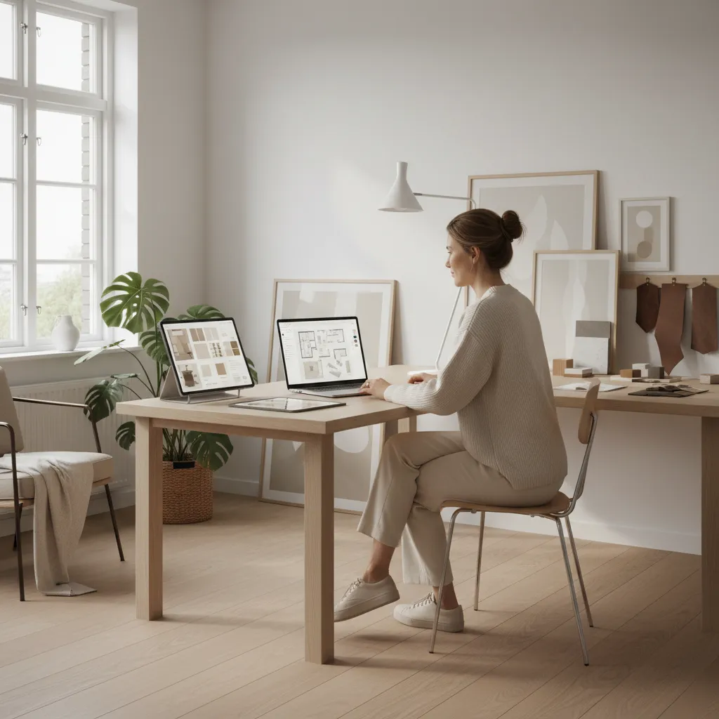 Interior designer working on laptop with digital room layout and mood boards