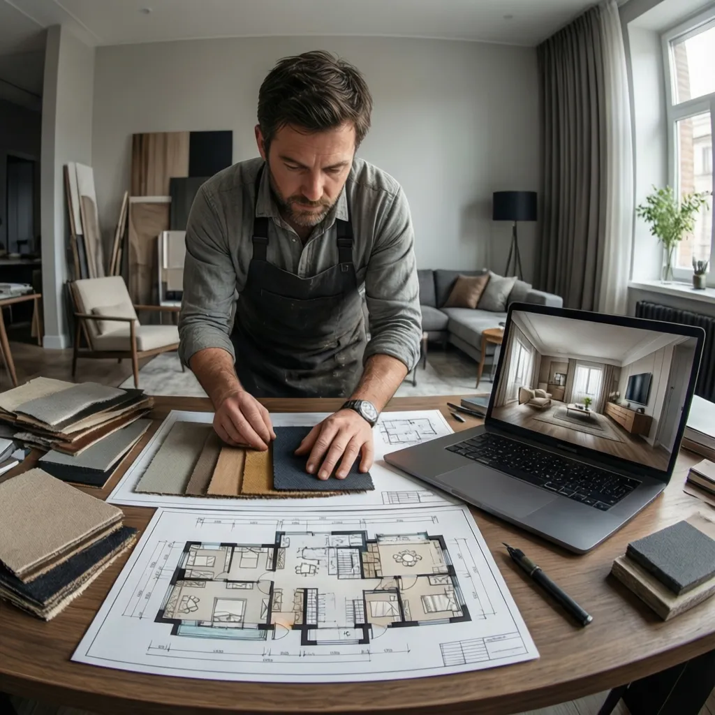 Male designer choosing fabric samples while looking at floor plan and laptop in modern room
