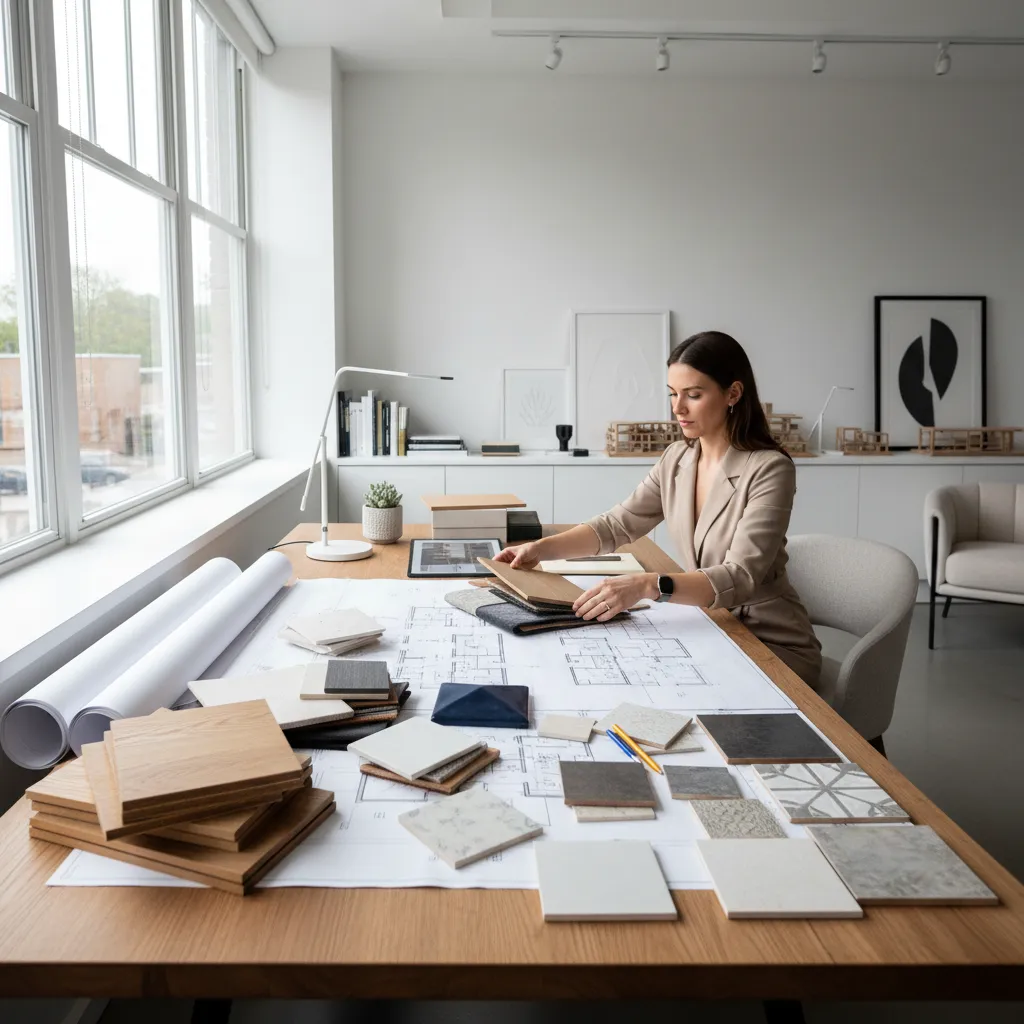 Female interior designer reviews material samples and floor plan on a large wooden office desk