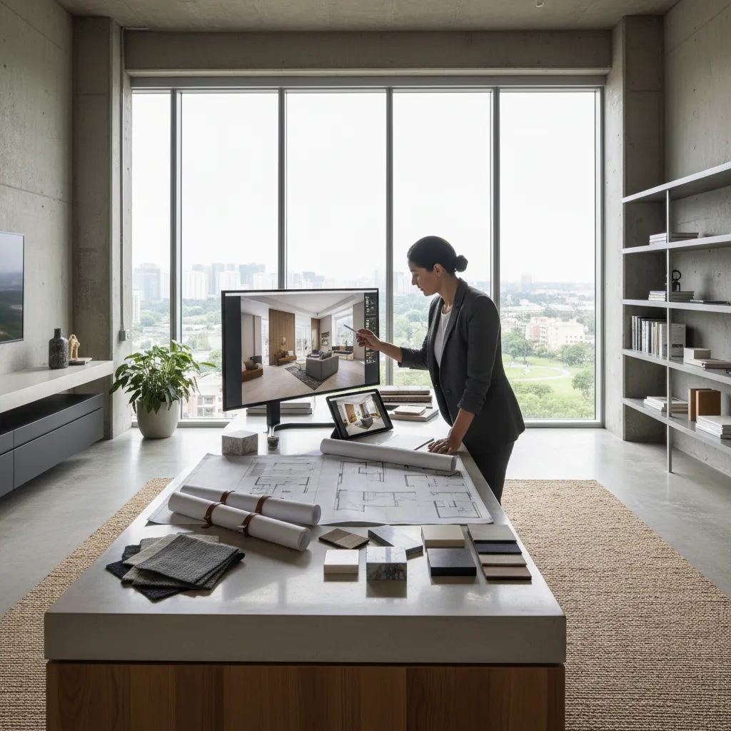 Female designer working on interior design drawing using computer screen and floor plans near window