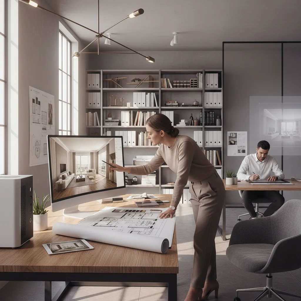 Diseñador de interiores trabajando con planos y modelos digitales