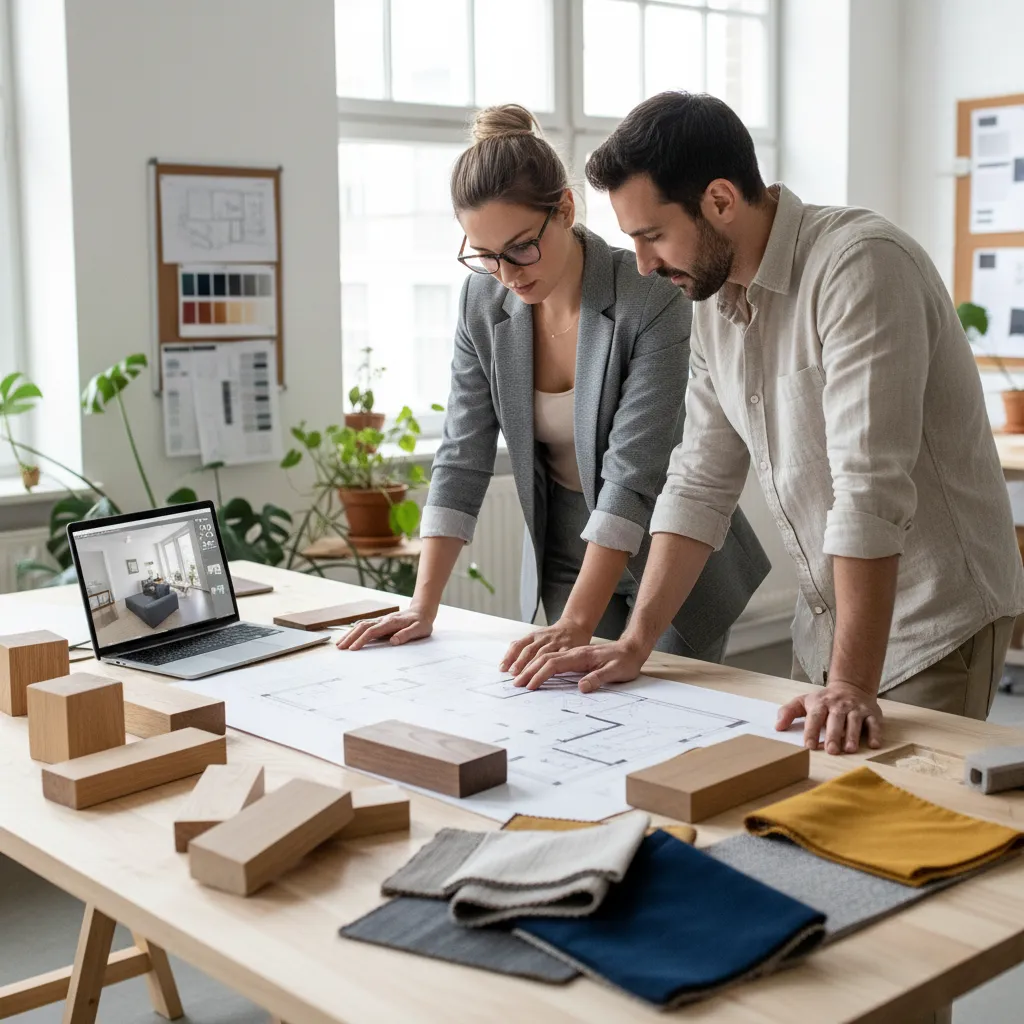 Diseñador de interiores trabajando en planos y muestras de materiales