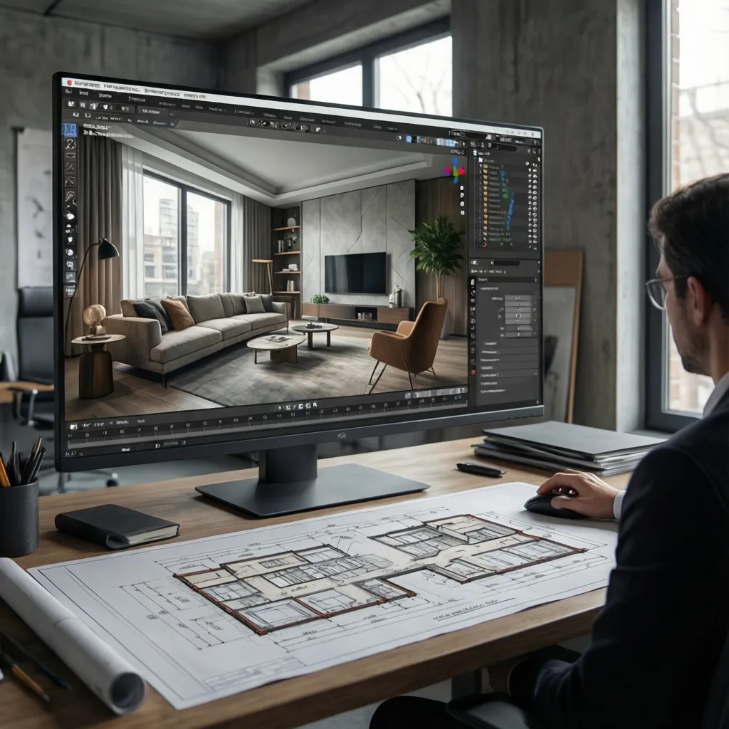 Diseñadora revisando un diseño interior en software 3D