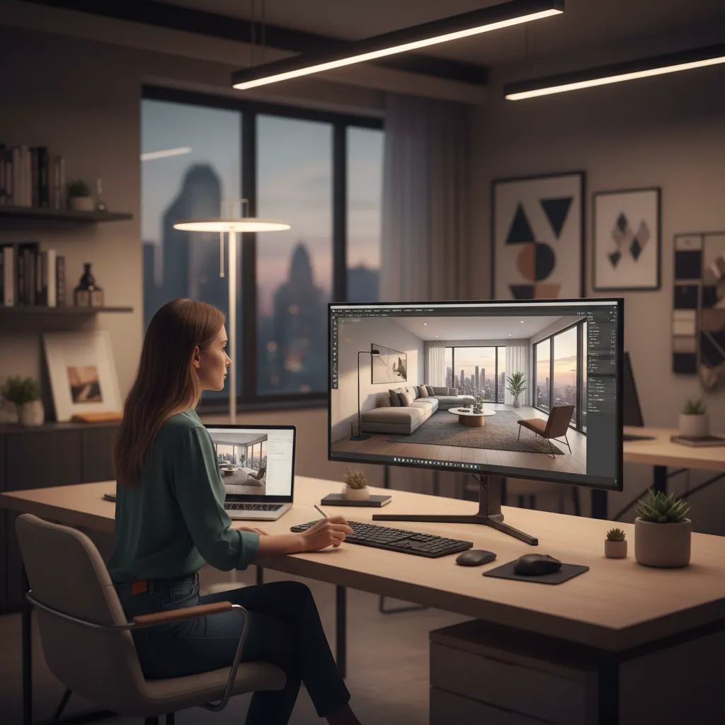 Interior designer working on computer showing living room interior design drawing with nightly city view