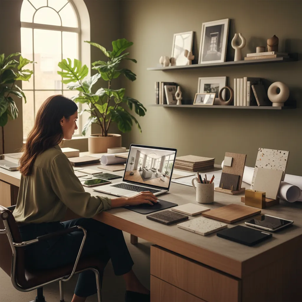 Diseñador de interiores trabajando en un modelo 3D de una vivienda