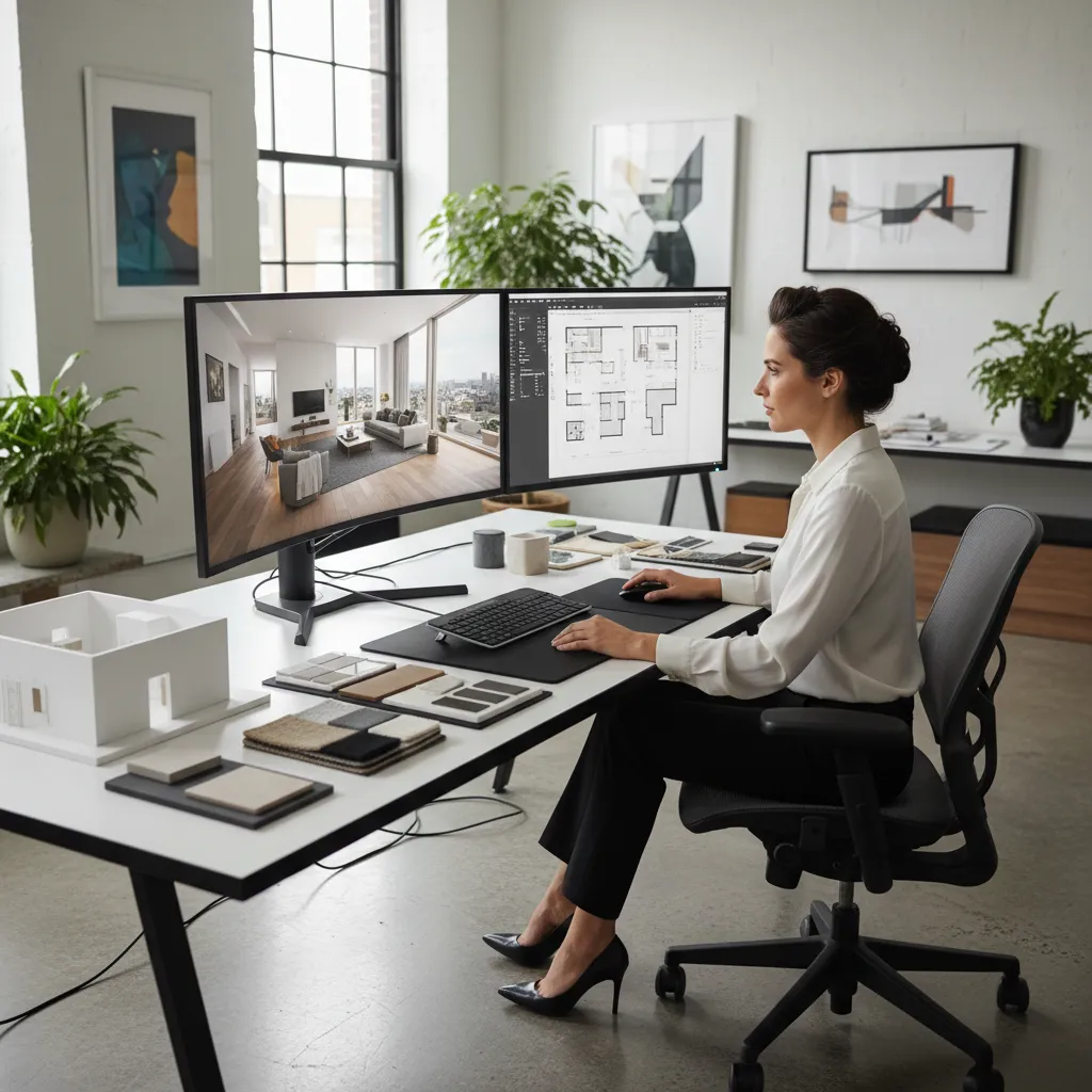 Diseñador de interiores trabajando con software 3D en un proyecto residencial