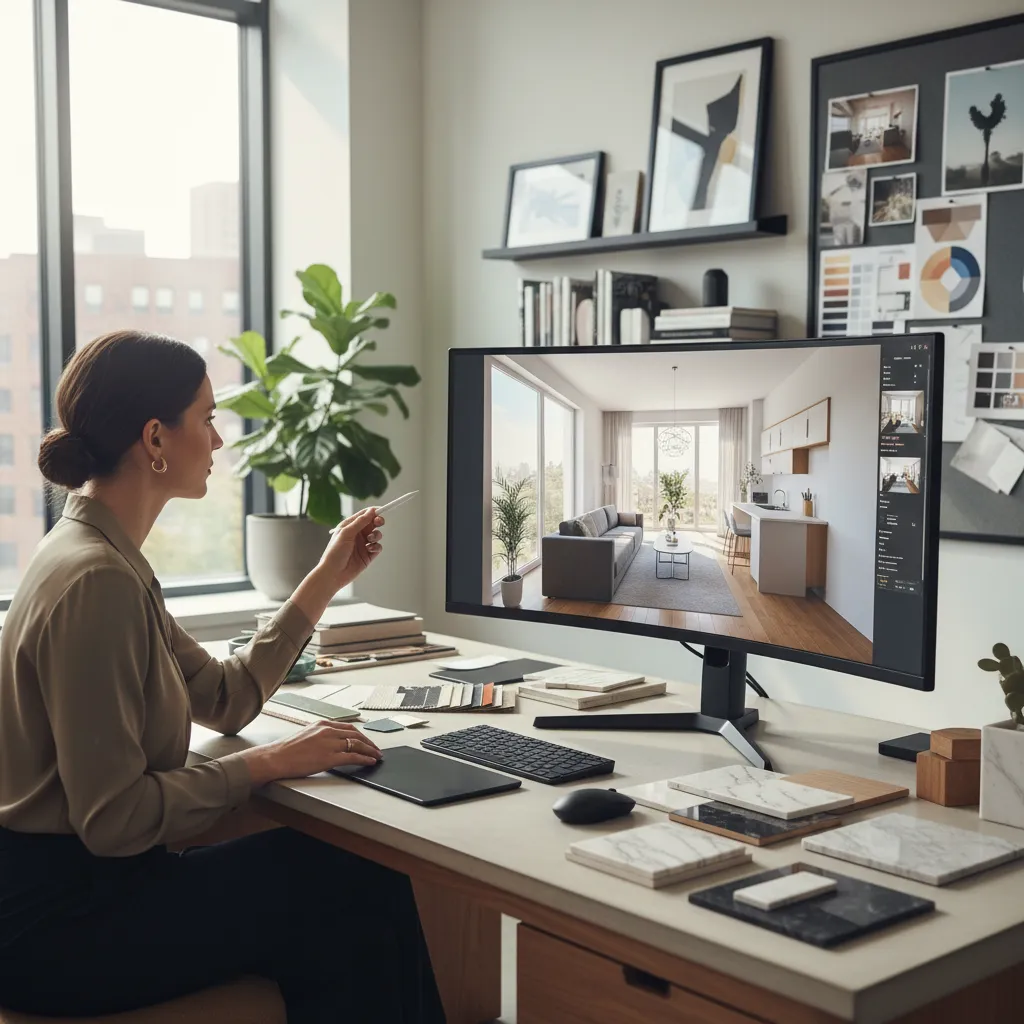 Interior designer working on interior design drawing using computer with material samples on the desk