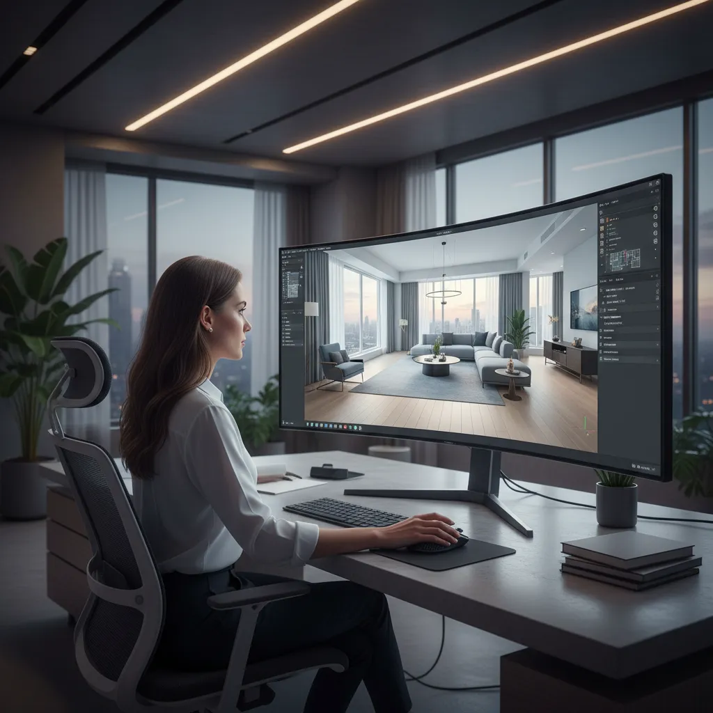 Diseñador de interiores trabajando en un modelo 3D de una vivienda