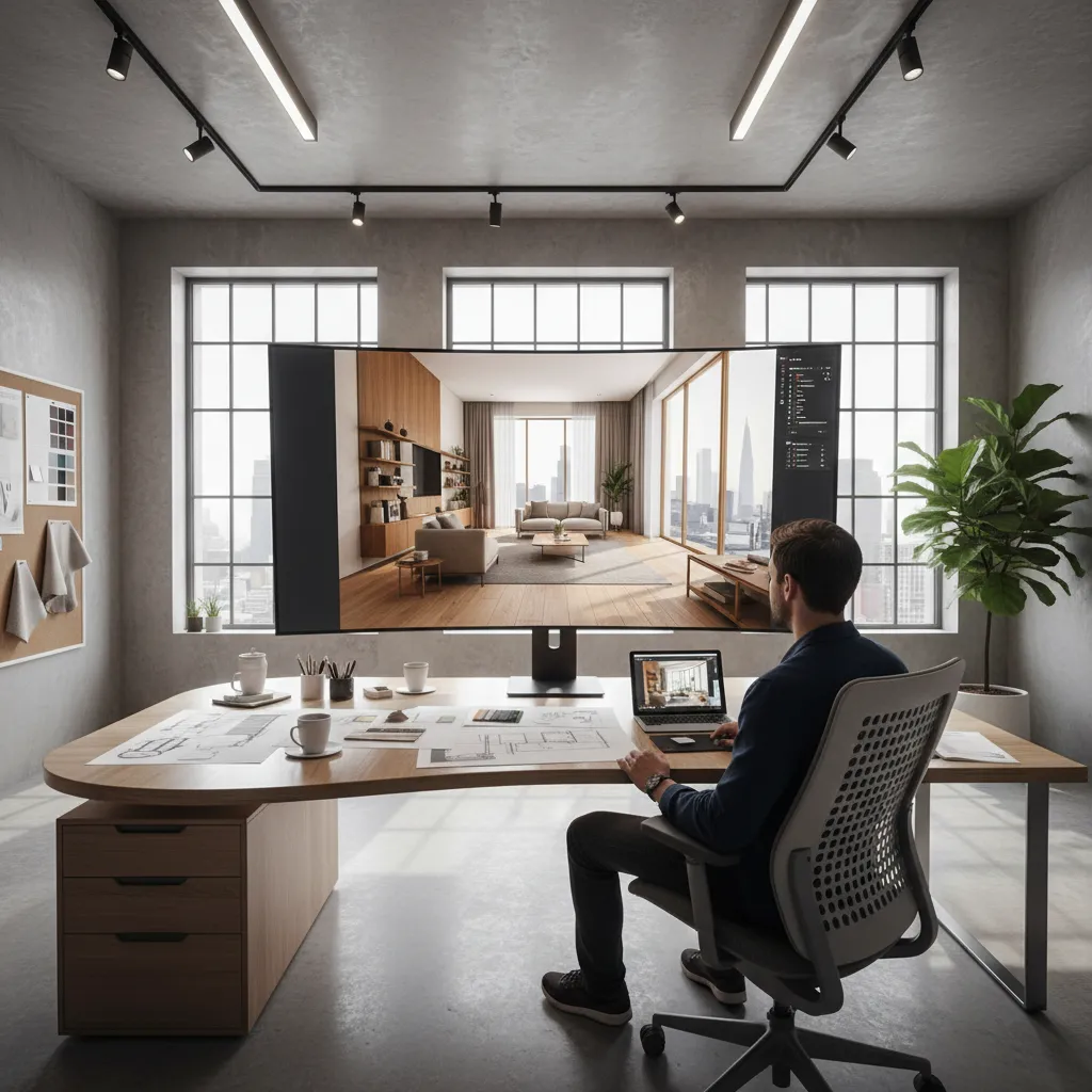 Diseñador de interiores trabajando en un modelo 3D de una casa