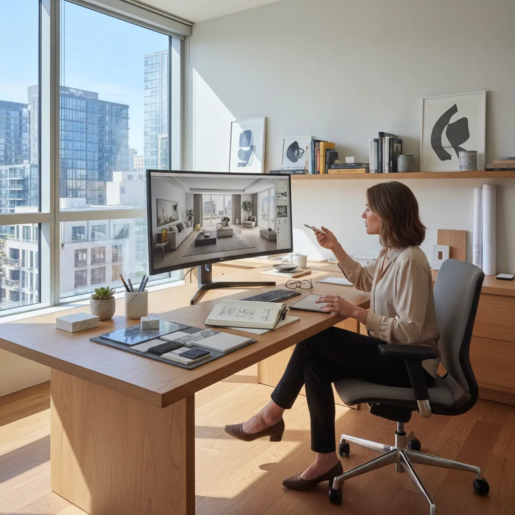 Diseñador de interiores trabajando en planos 3D en su ordenador