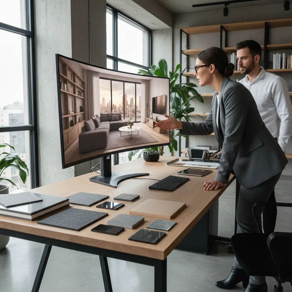 Diseñador de interiores revisando un modelo 3D en un ordenador