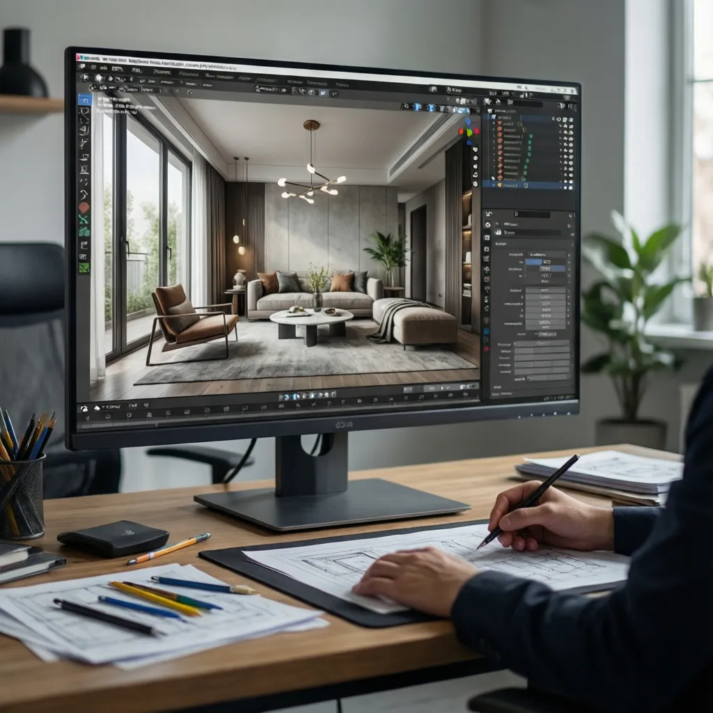 Diseñador de interiores usando software 3D en ordenador