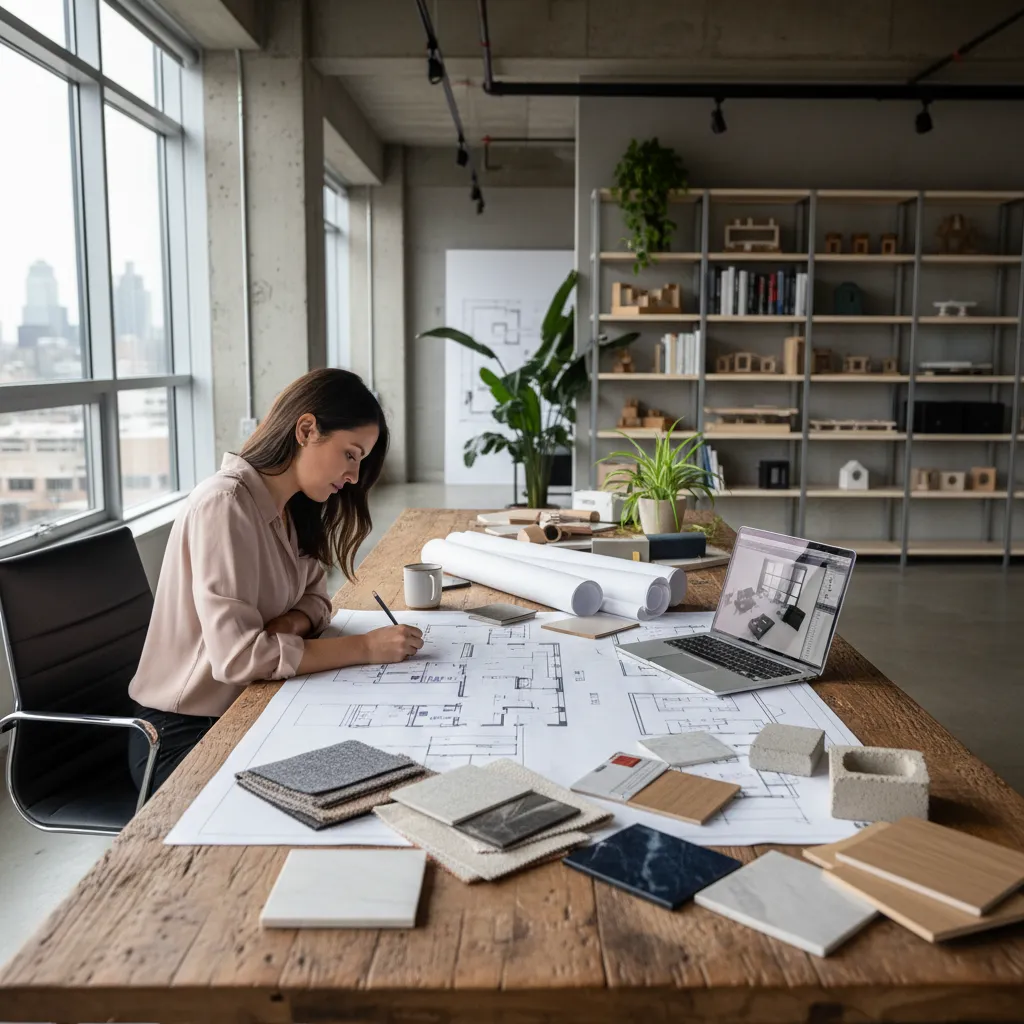 Diseñador de interiores trabajando con planos y muestras de materiales