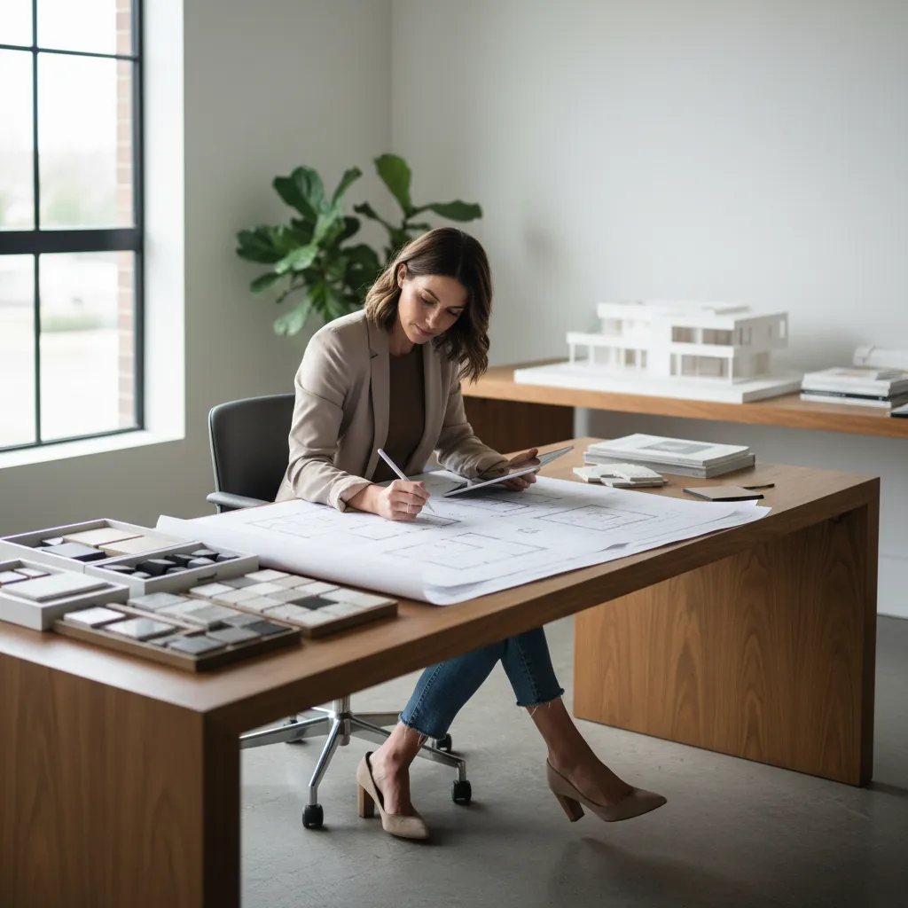 diseñador de interiores trabajando con planos y muestras de materiales